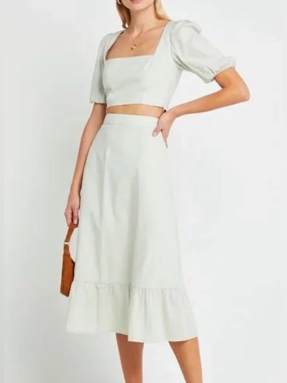 Anthropologie OPT Sana Sage Green Smock Puff Sleeve Top Ruffle Midi Skirt Set M